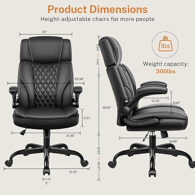 Office Chair Flip Up Arms, Executive Leather Office Chair Ergonomic Desk Chair with Lumbar Support, Adjustable Headrest, Computer Chair Home Office Desk Chair with Rocking Function-DeskLoop Office
