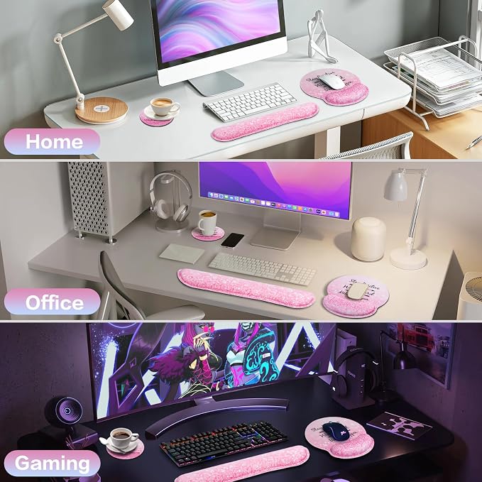 Mouse Pad with Wrist Rest Set Pink, 3-in-1 Wrist Support Mousepad Set, Gaming - Image 7