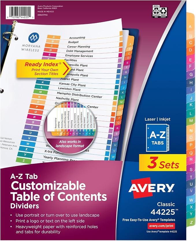 Avery A-Z Dividers for 3 Ring Binders, 26 Tabs per Set, Customizable Table of by Avery