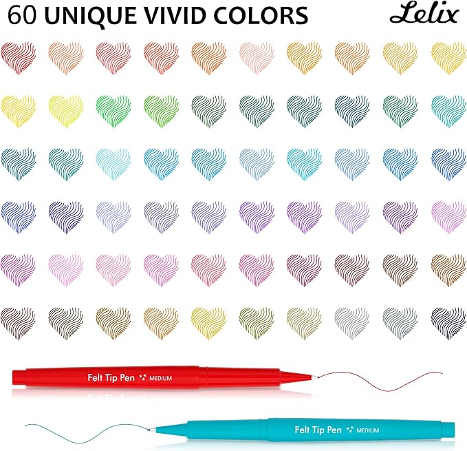 Lelix 60 Colors Felt Tip Pens, Medium Point Felt Pens, Note Taking, Planner - Image 3