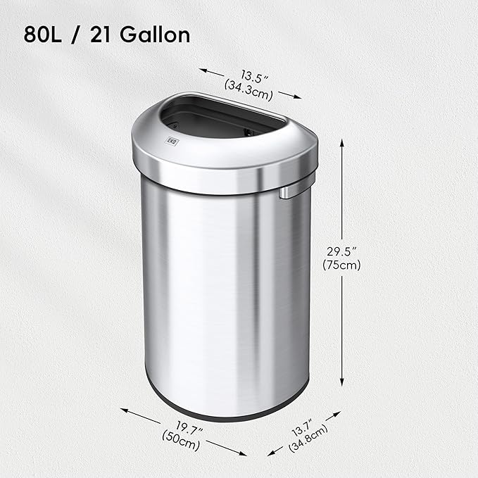EKO Urban 21 Gallon Semi-Round Open Top Waste Bin, Stainless Steel Half Round Commercial Trash Can for Indoor and Outdoor, Extra Large Metal Garbage Bin for Home, Office, Restaurant, Restroom, 80L