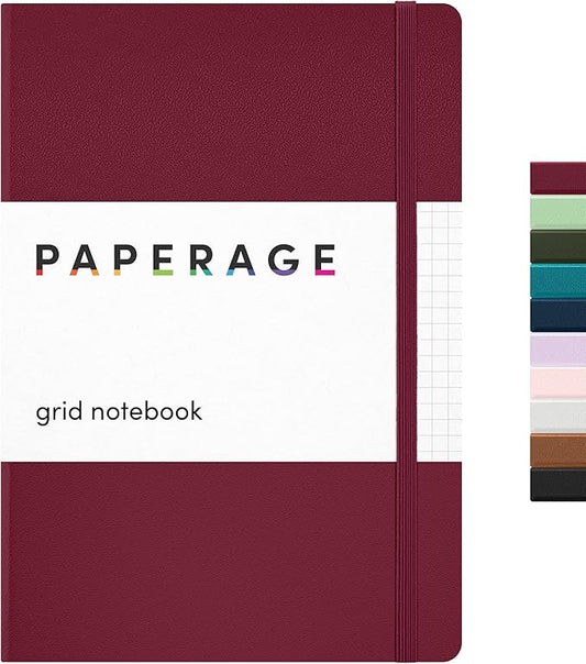 PAPERAGE Graph Paper Journal Notebook, (Burgundy), 160 Pages, Medium 5.6 in x 8 in - 100 GSM Thick Paper – Hardcover Grid Notebook for Work or School-DeskLoop Office