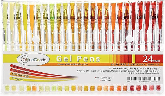 OfficeGoods Yellow Orange Red Gel Pens with Refills – Neon Journaling Art – Medium 0.8-1.0mm Tips – Non-Toxic Gel Pens Set – Quick Dry Smudge-Free 24 Pack Colors-DeskLoop Office