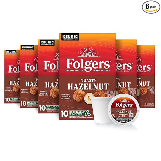 Folgers Toasty Hazelnut Artificially Flavored Coffee, Keurig K-Cup pods, 10 Count Box (Pack of 6)-DeskLoop Office