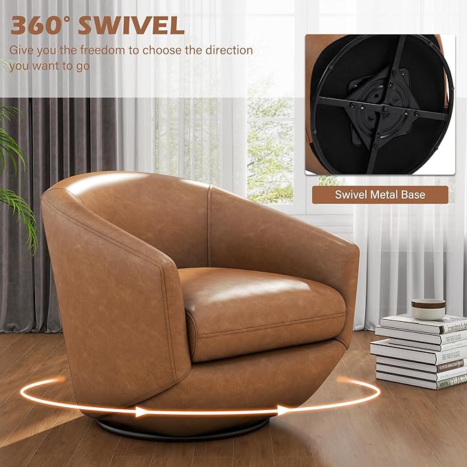 UIXE 360° Swivel Barrel Accent Chair, PU Leather Upholstered Club Armchair for Living Room, Modern Round Arm Chair Single Sofa Bedroom Reading Seating (Brown)-DeskLoop Office