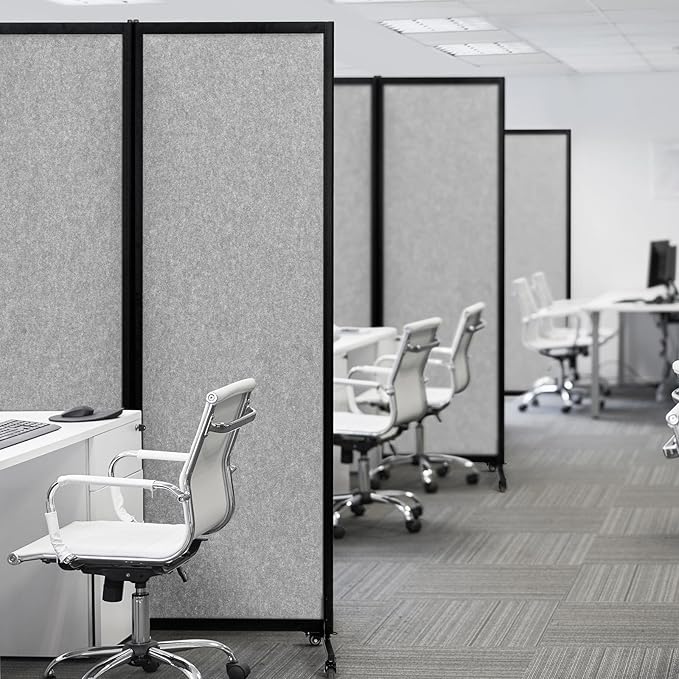 Upgrade Version Room Partition and Divider, Freestanding Rolling Dividers with Wheels,Office Privacy Screen Divider Wall,Classroom Felt Dividers,8'2"L* 6'7"H,4 Panel，Light Grey
