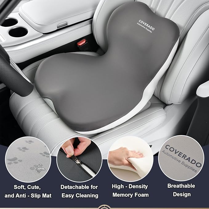 Coverado Seat Cushion and Lumbar Support Pillow One Piece for Car Office Chair, Ergonomic Memory Foam Desk Chair Cushion Back Support Pillow, Sciatica & Back & Tailbone Pain Relief Cushion-Gray-DeskLoop Office