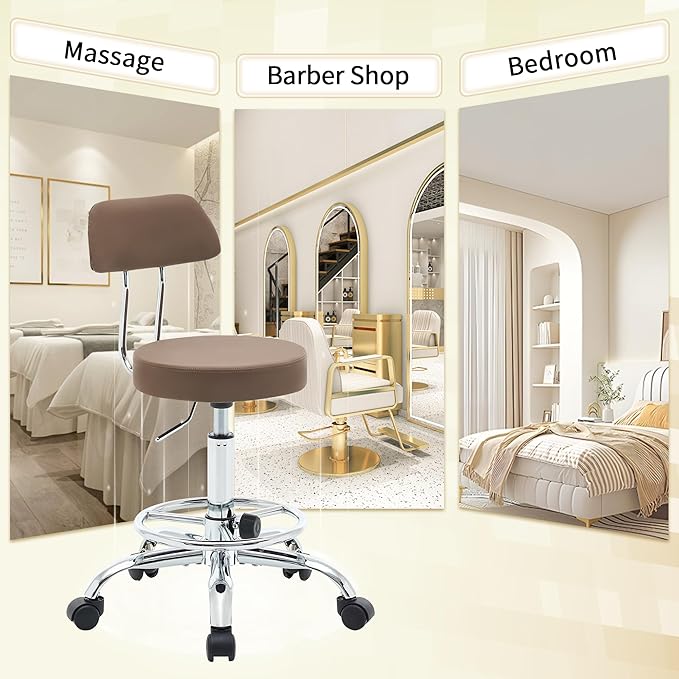 Salon Rolling Chair, Adjustable Stool with Footrest and Back 19.5’’-26.6’’,Coffee Brown Massage Stools with Wheels (Coffee Brown)-DeskLoop Office