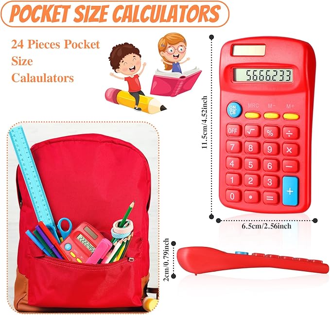 24 Pieces Basic Calculators for Students Small Pocket Size 8 Digit Display Mini Calculators Dual Powered Handheld for School Desktop Home(Red)-DeskLoop Office