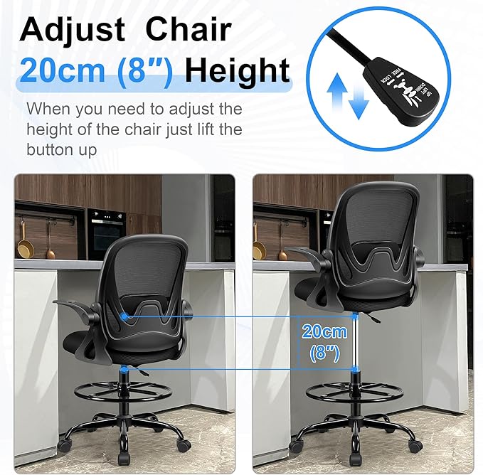 Drafting Chair Tall Office Chair with Flip-up Armrests, Adjustable Height, and Enhanced Lumbar Support - Ergonomic Rolling Stool, Back Support, and Adjustable Foot Rest Ring for Standing Desk Black-DeskLoop Office
