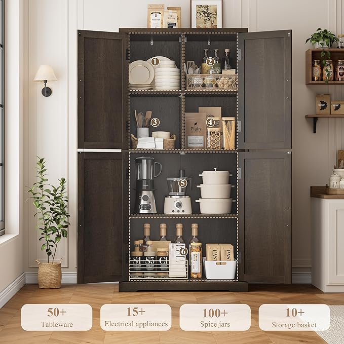 HOSTACK 64" Tall Pantry Cabinet, Modern Farmhouse Kitchen Pantry, Wood Bathroom Storage Cabinet, Large Bookcase, 4 Doors|Adjustable Shelves, for Dining Room, Living Room, Home Office, Dark Brown-DeskLoop Office
