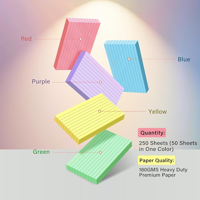 250 Count Colored Index Cards 3x5, 180gsm Heavy Weight Flash Cards, Ruled Index - Image 4