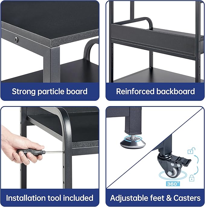 25.6" x 23.6" Extra Large Printer Stand Table with Adjustable Storage Shelf, 3 Tier Rolling Printer Cart with Industrial Wheels for Home Office, Black-DeskLoop Office