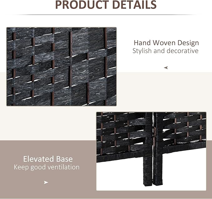 HOMCOM Room Divider 4 Panels Folding Privacy Screen 6FT Tall Portable Wicker Weave Partition Wall Divider for Bedroom Home Office, Black-DeskLoop Office