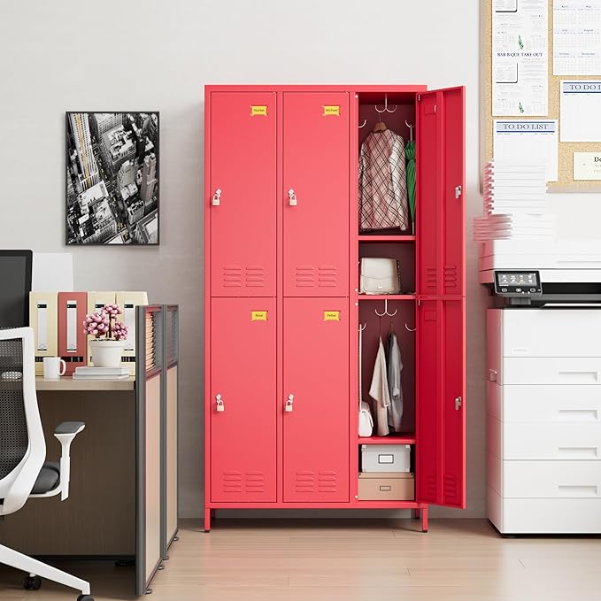 6 Doors Metal Locker with Business Card Holder and 18 Hooks,Metal Locker for Employees with Ventilation Holes for School Garage Office Gym Home,Assembly Required,Red-DeskLoop Office