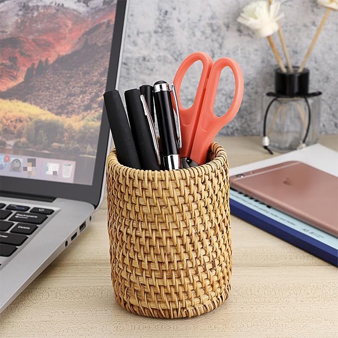 BTSKY Rattan Pen Cup, Handmade Desk Pencil Holders Makeup Brush Holder - Image 6