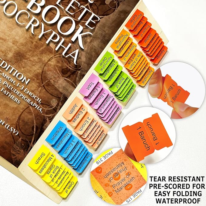 Index Tabs for The Complete 100-Book Apocrypha,2024 Edition 72 Color Coded Laminated Durable Tabs, 68 Books Chapter Tabs, 4 Blank Tabs,1 Placement Guide Card (Book Not Included)-DeskLoop Office
