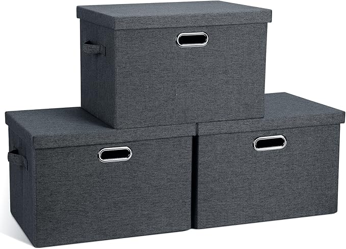 Large 17" 36 Quart Collapsible Stackable Storage Bins with Lids, 3 Packs Dark Gray Foldable Fabric Closet Storage Boxes with Lids, Heavy-duty Linen Cube Baskets(17x12x11)-DeskLoop Office