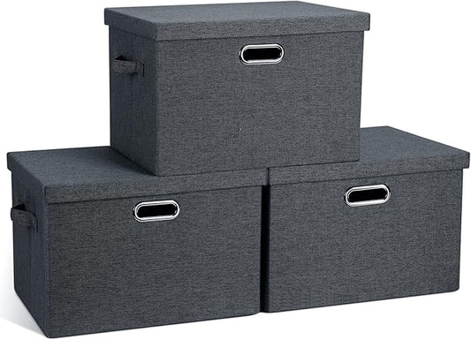 Large 17" 36 Quart Collapsible Stackable Storage Bins with Lids, 3 Packs Dark Gray Foldable Fabric Closet Storage Boxes with Lids, Heavy-duty Linen Cube Baskets(17x12x11)-DeskLoop Office