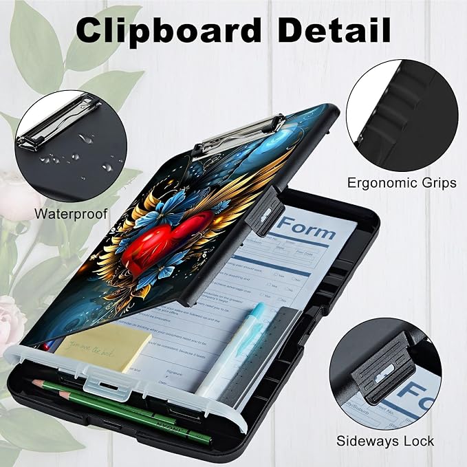 Winged Heart A4 Clipboard with Storage Pen Holder, Clipboards Organizer Nursing - Image 4