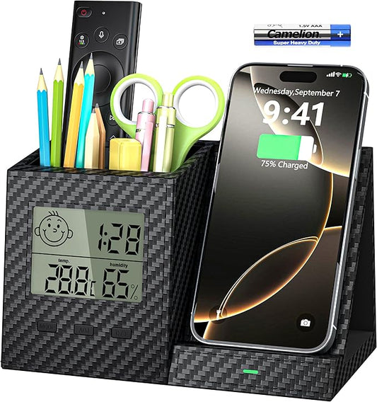 Multifunctional Pen Holder and Organizer for Desk with Wireless Charger, Digital Indoor Thermometer and Humidity Gauge, Home Office Organizers and Storage (Battery Included)-DeskLoop Office