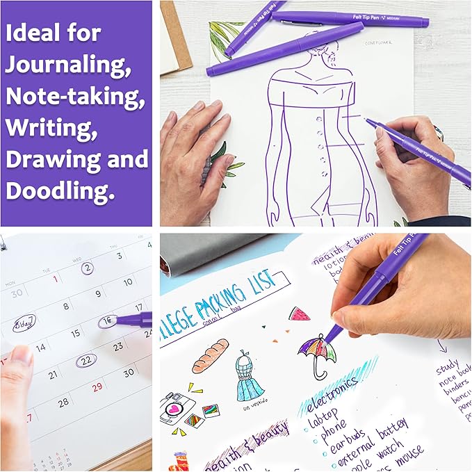 Lelix Felt Tip Pens - 60 Purple Pens, 0.7mm Medium Point, Perfect for Journaling, Writing, Note Taking, Planner, Art, Office & School Supplies