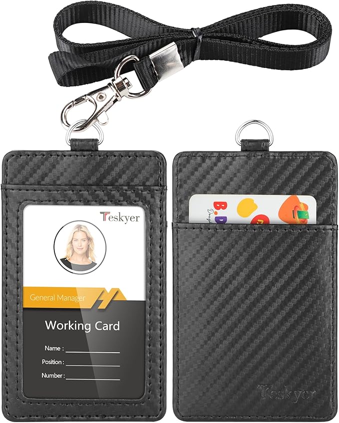 Teskyer Badge Holder with Lanyard, Leather ID Name Badge Card Holder with by TESKYER