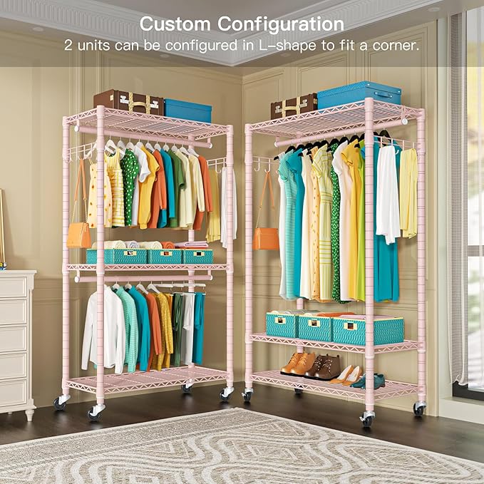 P1 Heavy Duty Garment Rack, 3 Tiers Adjustable Rolling Metal Closet Organizer with Lockable Wheels, FreeStanding Wardrobe with Double Hanger Rods & 1 Pair Hooks, Max Load 450 LBS, Pink-DeskLoop Office