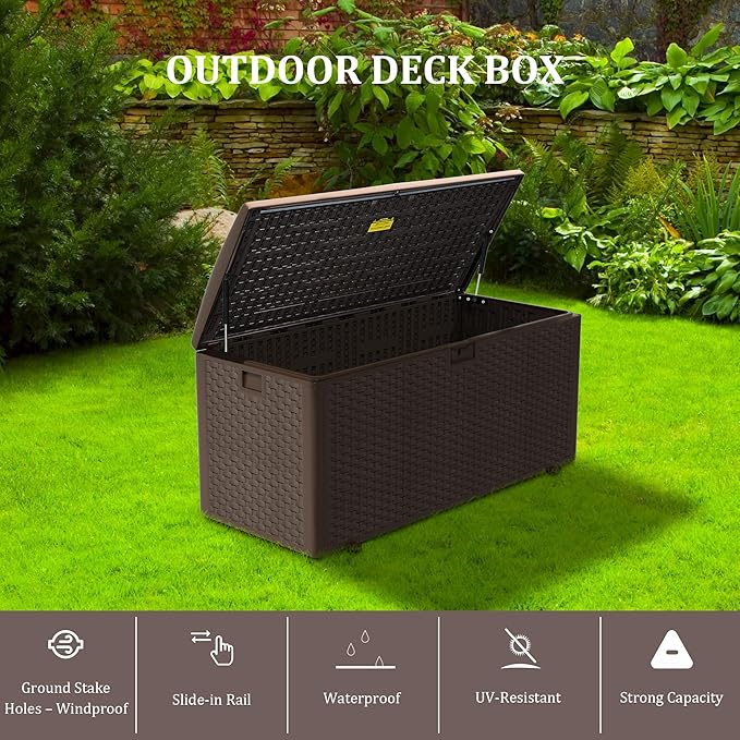 180 Gallon Pro Outdoor Storage Box Waterproof Lockable Resin Deck Box Large, Patio Storage Bin for Pool Accessories Cushion Furniture, Garden Tools, UV-Resistant Outside Delivery Brown-DeskLoop Office