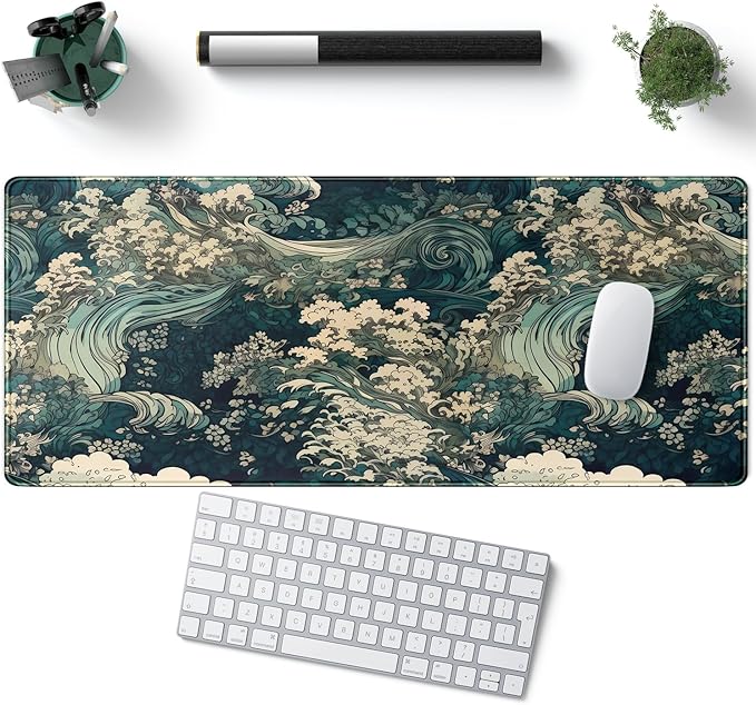 Japanese Large Mouse Pad Gaming Sea Wave Desk Pad Blue Sea Flower Art Aesthetics Desk Pad Non-Slip Rubber Base Mice Pad, 31.5 X 11.8 in for Laptop Computer Mouse Keyboard Mat of Office Desk Decor-DeskLoop Office