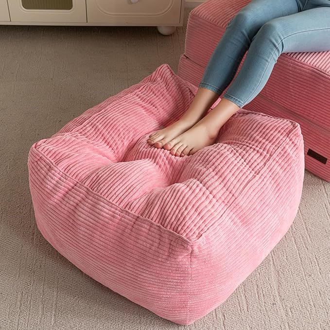 HIGOGOGO Square Stuffed Pouf Ottoman, Corduroy Poufs with Foam Chunk Filling, Furry and Fluffy Pouf Foot Stool Storage Ottoman, 21 X 21 Floor Poufs Foot Rest for Living Room, Pink-DeskLoop Office