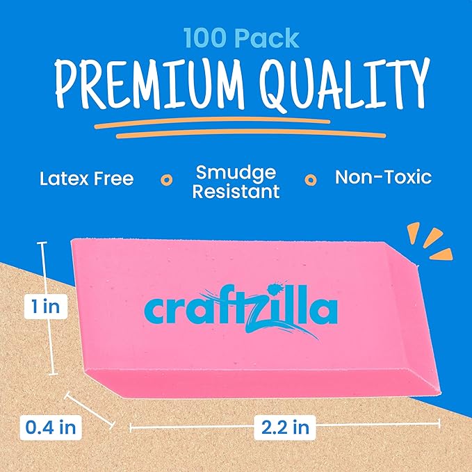 Pink Erasers Bulk 100 Pack - Large Latex- Free Bulk Erasers for Kids, Classroom, and School Supplies - Ideal for Pencils and Drawing - Teacher Supplies - Borradores Escolares-DeskLoop Office