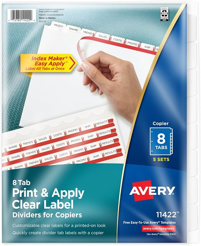 Avery 8 Tab Dividers for 3 Ring Binder, Easy Print & Apply Clear Label Strip by Avery