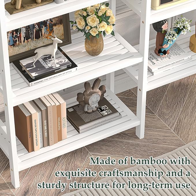 Homykic Double Wide Bamboo Bookshelf White, 6-Tier Large Open Bookcase with 12 Display Shelves, 6ft Tall Freestanding Book Shelf for Home Office, Bedroom, Living Room, Plants-DeskLoop Office