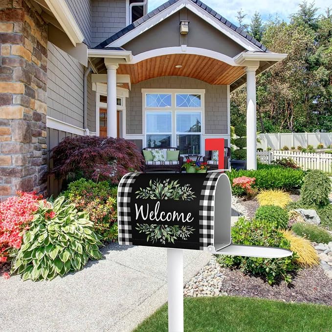 Wreath Buffalo Plaid Mailbox Covers, Welcome Magnetic Mailbox Cover, Plaid and - Image 2