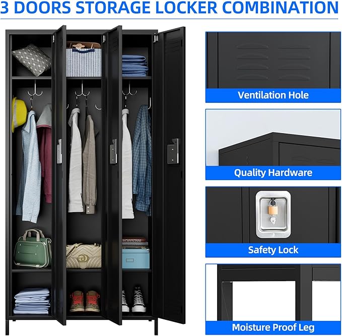 3 Doors Metal Lockers for Employees with Lock, Metal Locker with 9 Hooks for School Garage Office Gym Home,Assembly Required,Black-DeskLoop Office