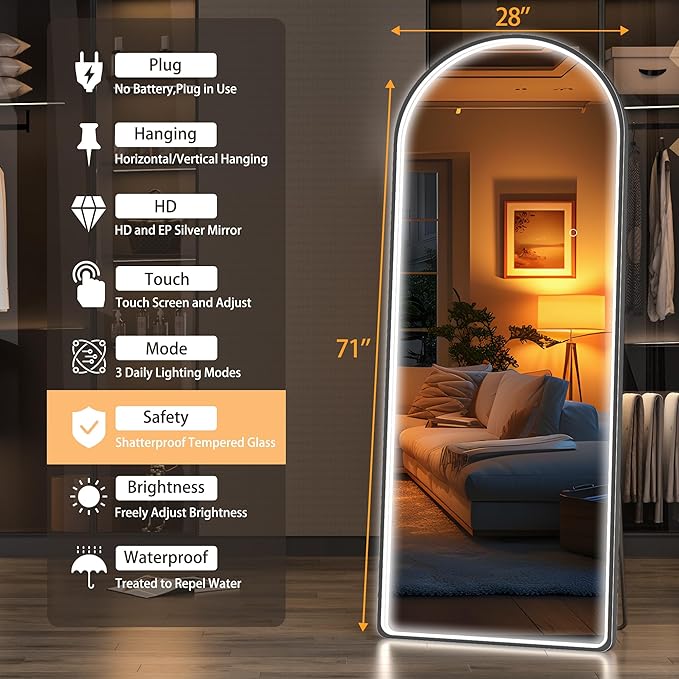 Hasipu 65" x 22" Led Mirror, Full Length Mirror with Lights, Arch Design, Wall Mounted, Modern Style-DeskLoop Office