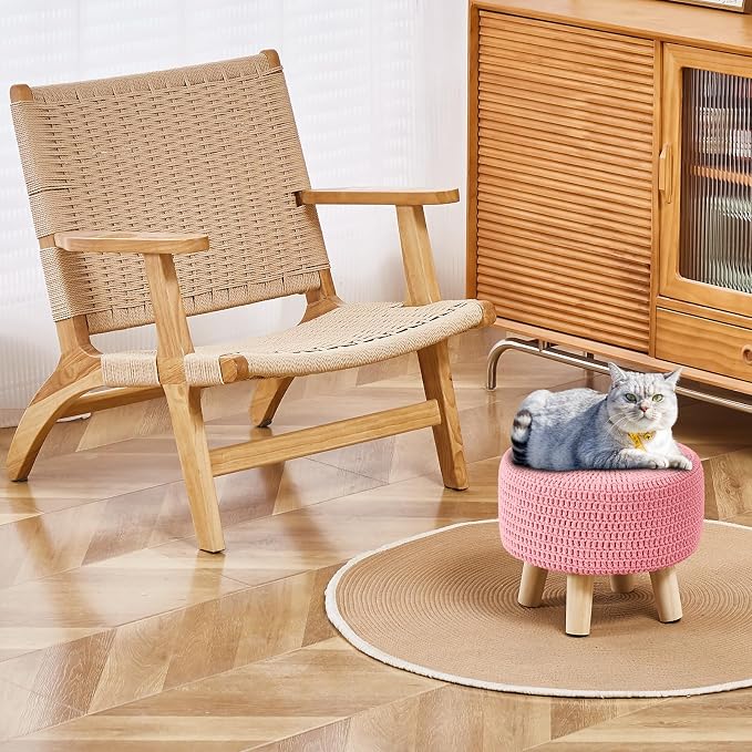 Wimarsbon Pouf Ottoman, 100% Cotton Knitted Boho Footstool, Round Footrest - Image 2