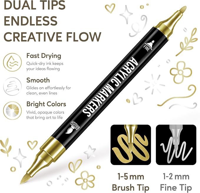 Pagather Gold and Silver Acrylic Paint Markers, 12 Pack Dual Tip - Image 2