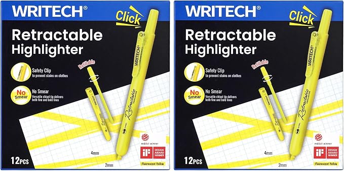 WRITECH Retractable Highlighters Chisel Tip: Fluorescent Yellow Ink Highlighter by WRITECH