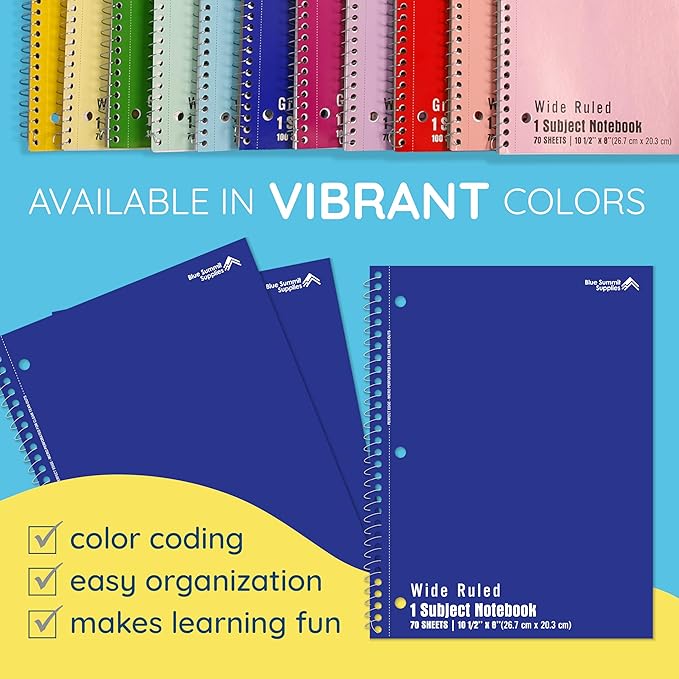 Blue Summit Blue Wide Ruled Spiral Notebooks Bulk, 1 Subject Spiral Notebook Wide Ruled, Paper School Bulk Notebooks, 48 Pack-DeskLoop Office