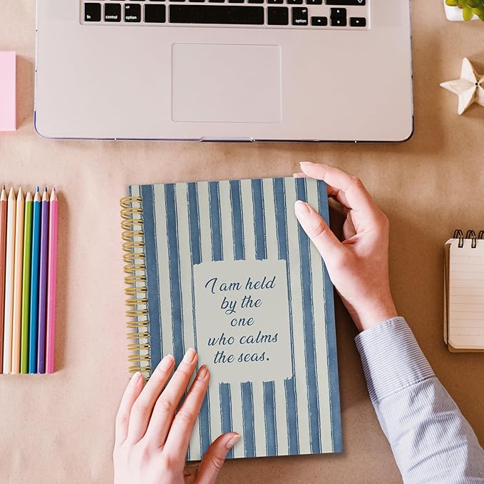 XPH Coastal Christian Spiral Notebook, Bible Verse Journaling Notebooks for Prayer, Blue Striped Religious Hardcover Journal for Writing 160 Pages 5.5 x 8.3 Inch, Christian Gifts for Women Men-DeskLoop Office