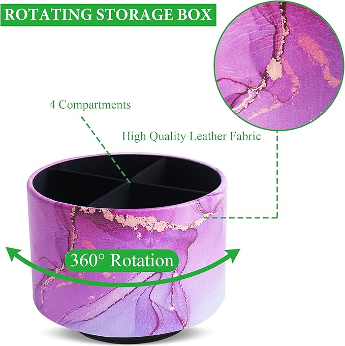 Round Leather Art Supply Organizer,Remote Control Holder,360-degree Rotating Pen Organizer with 4 Compartments(1-Purple Blue Splash Ink)-DeskLoop Office