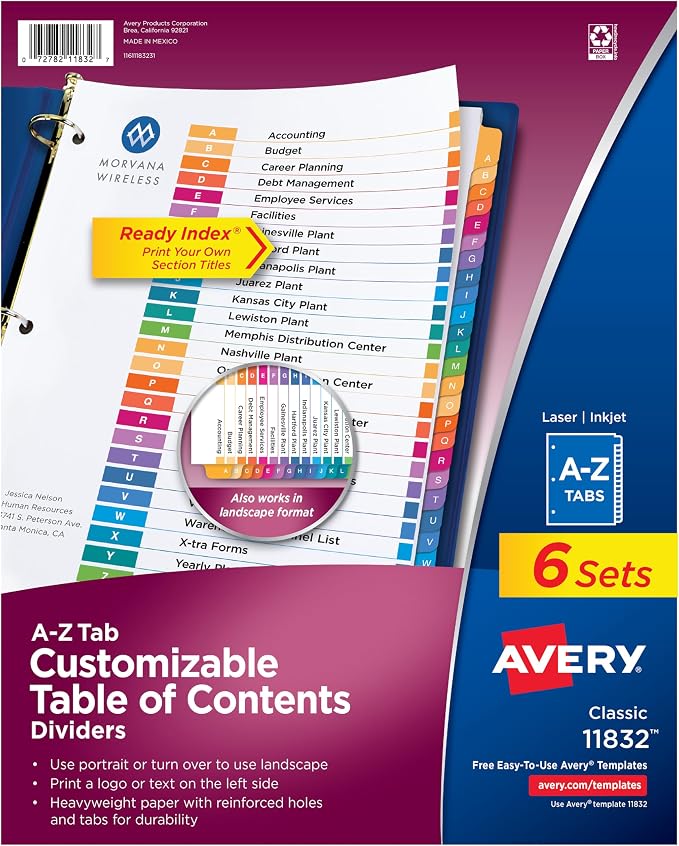 Avery A-Z Dividers for 3 Ring Binders, 26 Tabs per Set, Customizable Table of by Avery
