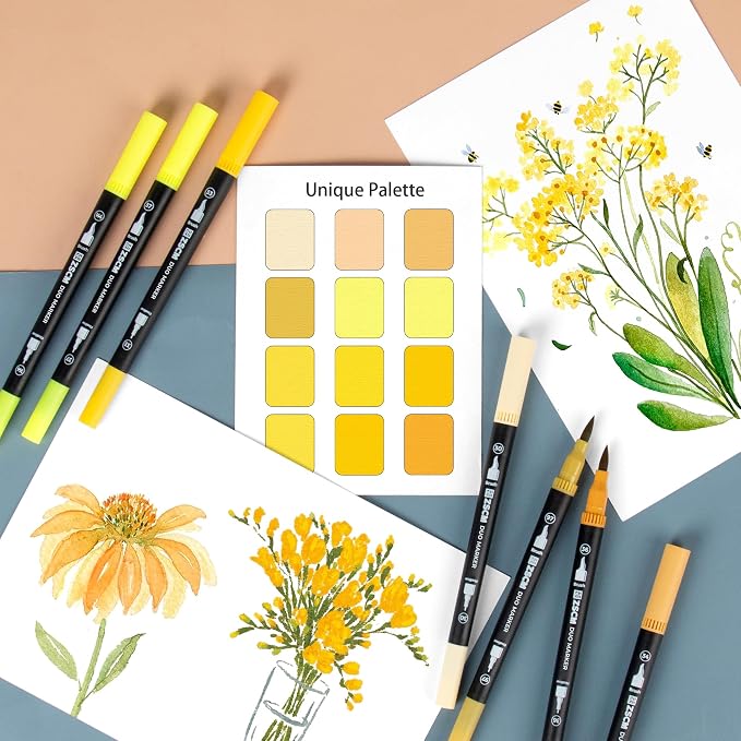 ZSCM Yellow Duo Tip Marker Pens, 12 Pack Fine & Brush Markers - Image 5