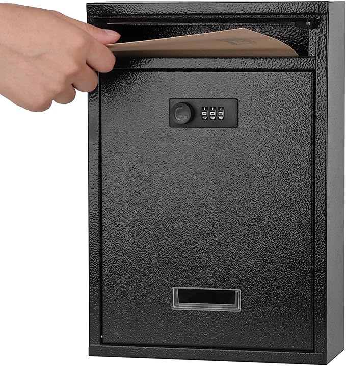 KYODOLED Locking Wall Mount Mailbox, Mail Boxes with Combination Lock for Outside, Security Drop Box with Code,12.4H x 8.54L x 3.35W Inches, Black-DeskLoop Office