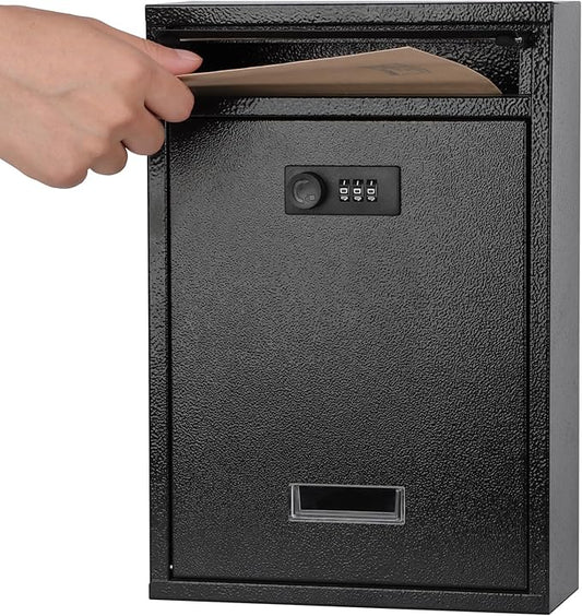KYODOLED Locking Wall Mount Mailbox, Mail Boxes with Combination Lock for Outside, Security Drop Box with Code,12.4H x 8.54L x 3.35W Inches, Black-DeskLoop Office