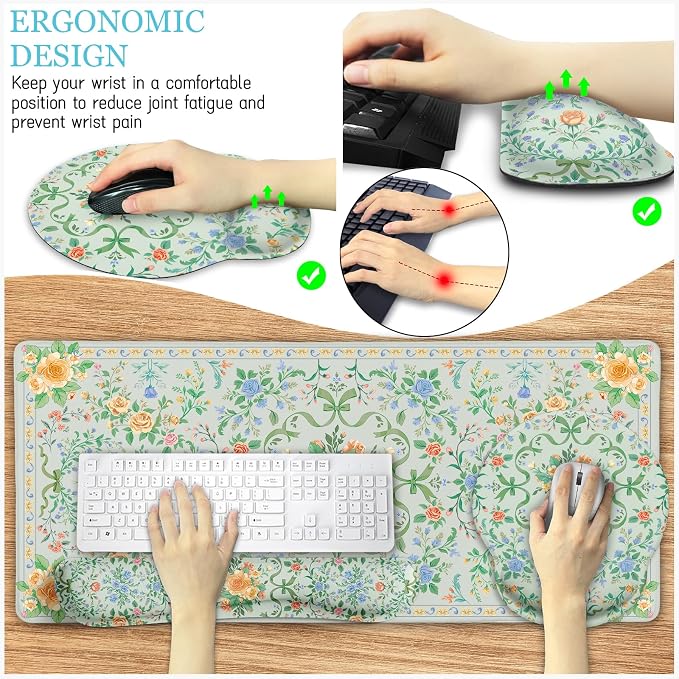 LIMKRIAN Floral Desk Mat Set, Cute Green Mouse Pad - Image 3