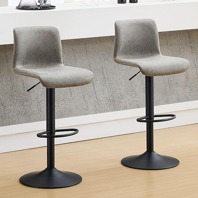 HeuGah Swivel Bar Stools Set of 2, Adjustable Counter Height Barstools with Back, Gray Faux Leather Bar Chairs for Kitchen Island (Gray, Set of 2 (24'' to 32''))-DeskLoop Office