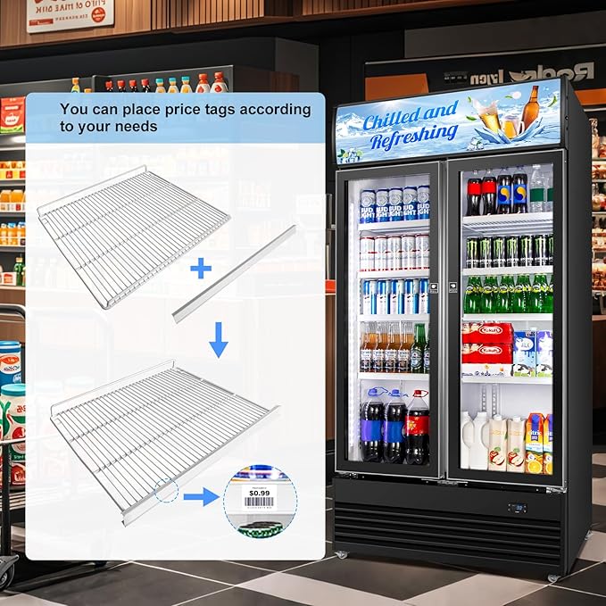 Commercial Beverage Refrigerator, 40 Inch 35 Cu.Ft. Commercial Drink Fridge, Display Refrigerator with Double Glass Door, Commercial Display Fridge with 8 Adjustable Shelves, for Shop,Restaurant,Bar-DeskLoop Office